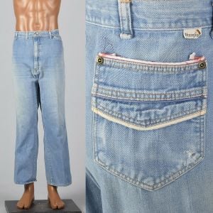 XL 1970s Mens Wrangler Jeans Light Denim Piping Trim Straight Leg Distressed Fade 