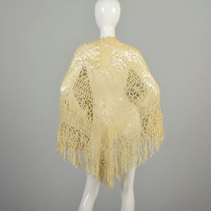 OSFM 1970s Cream Shawl Ivory Off-White Crochet Wrap with Fringe  - Fashionconservatory.com