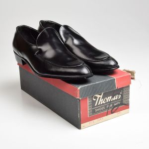 Sz12 1960s Black Leather Slip-On Pump Vintage Deadstock Thomas Loafer Shoe
