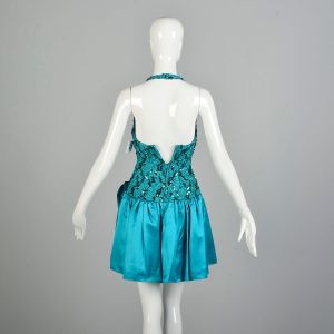 XXS 1980s Teal Sequin Mini Halter Dress Prom Party Big Bow Embellishment - Fashionconservatory.com
