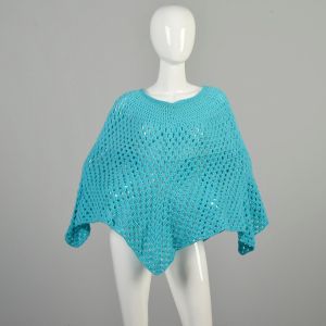 OSFM 1970s Shawl Crochet Light Blue Aqua Teal Poncho Cape Bohemian Hippie Casual Pullover 