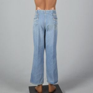 XL 1970s Mens Wrangler Jeans Light Denim Piping Trim Straight Leg Distressed Fade  - Fashionconservatory.com