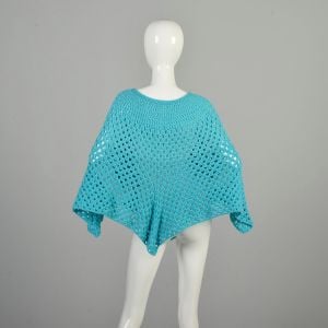 OSFM 1970s Shawl Crochet Light Blue Aqua Teal Poncho Cape Bohemian Hippie Casual Pullover  - Fashionconservatory.com