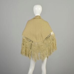 OSFM 1970s Tan Shawl Knit Crochet Medallion Border Fringe Bohemian Hippie Casual Wrap  - Fashionconservatory.com