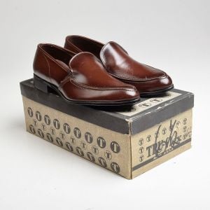 Sz6.5 1960s Brown Leather Loafer Polished Slip-On Shoe Detail Stitching Deadstock