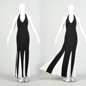 XS 1990s Black & White Glitter Godet Dress Stretch Knit Sparkle Prom Dress