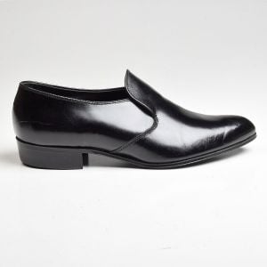 Sz9 1960s Black Leather Loafer Tru-Flex Smooth Polished Slip-On Shoe Deadstock - Fashionconservatory.com