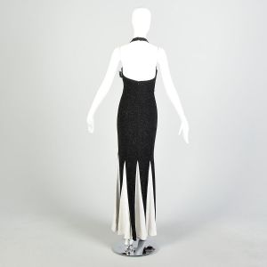 XS 1990s Black & White Glitter Godet Dress Stretch Knit Sparkle Prom Dress - Fashionconservatory.com