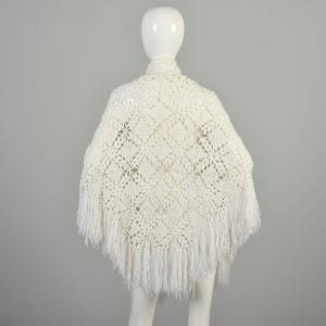 1970s Ivory Shawl Crochet Diamond Soft Fringe White Hippie Bohemian Festival Wrap  - Fashionconservatory.com