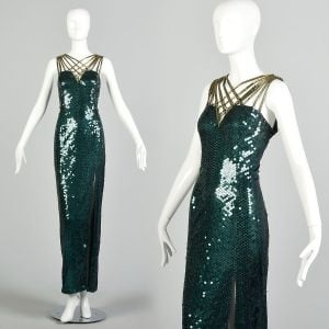 XL 1990s Dress Emerald Green Gown Sequined Beaded Strappy Formal Sexy Wicked Gold Dress Prom Pageant