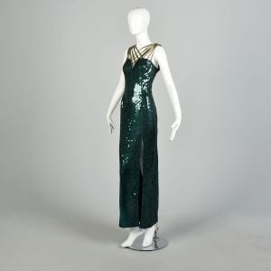 XL 1990s Dress Emerald Green Gown Sequined Beaded Strappy Formal Sexy Wicked Gold Dress Prom Pageant - Fashionconservatory.com