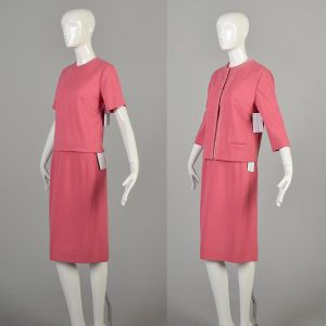 Medium 1960s Legally Blonde Pink Knit Skirt Set Three Piece Bubble Gum Outfit - Fashionconservatory.com