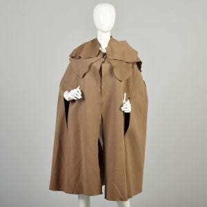 OSFM 1990s Brown Wool Cloak Cape Pockets Front Button Layered Shoulders Forest Fairy Casual Wrap 