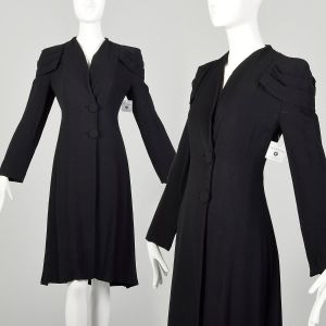 XS 1930s Coat Black Long Sleeve Rayon Crepe Art Deco Pleated Epaulettes 