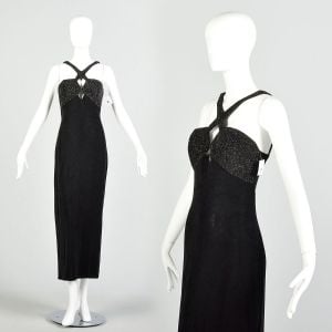 Small 1990s Black Slinky Glitter Bodice Evening Gown Stretchy Prom Dress Goth Keyhole Bust Formal