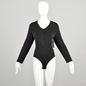 XL 1990s Long Sleeve Black Stretch Buttoned Bodysuit