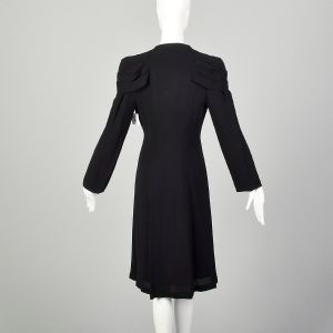 XS 1930s Coat Black Long Sleeve Rayon Crepe Art Deco Pleated Epaulettes  - Fashionconservatory.com