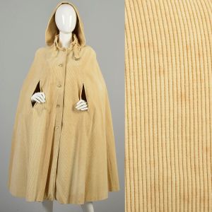 S-M 1970s Tan Cape Corduroy Hooded Front Button Hippie Cloak Casual Full Sweep Poncho 