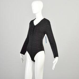 XL 1990s Long Sleeve Black Stretch Buttoned Bodysuit - Fashionconservatory.com