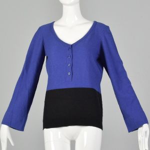 Medium 1990s Sonia Rykiel Blue Black Sweater Color Blocked Bell Sleeves Ribbed Knit V Neck