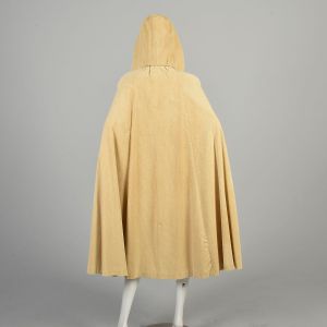 S-M 1970s Tan Cape Corduroy Hooded Front Button Hippie Cloak Casual Full Sweep Poncho  - Fashionconservatory.com
