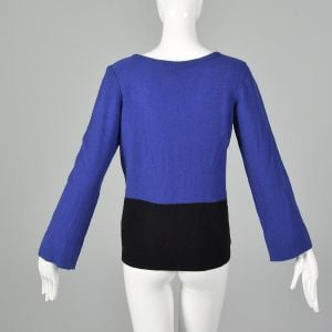 Medium 1990s Sonia Rykiel Blue Black Sweater Color Blocked Bell Sleeves Ribbed Knit V Neck - Fashionconservatory.com