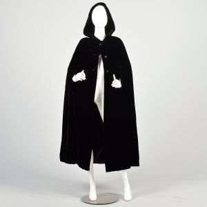 OSFM 1970s Black Velvet Cape Hooded Button Front Elegant Gothic Witch Opera Cloak 