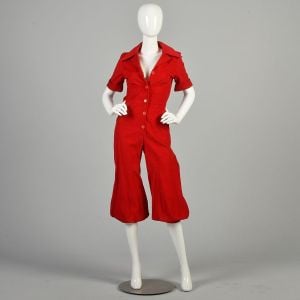 1970s Small Medium Red Corduroy Jumpsuit Button Up Cuffs Collared Good Condition - Fashionconservatory.com