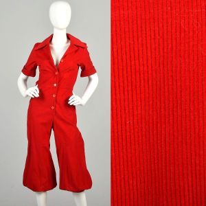 1970s Small Medium Red Corduroy Jumpsuit Button Up Cuffs Collared Good Condition