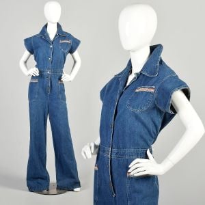 XL 1970s Denim Buttoned Short Sleeve Jumpsuit Rainbow Trim Pockets