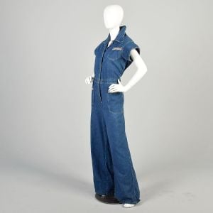 XL 1970s Denim Buttoned Short Sleeve Jumpsuit Rainbow Trim Pockets - Fashionconservatory.com