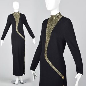 Large 1980s St John Black Knit Evening Dress Long Sleeve Gold Sequin Detail 