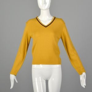 XS 1960s Jantzen Sweater Mustard Yellow Boyfriend Style V-neck with Brown Trim