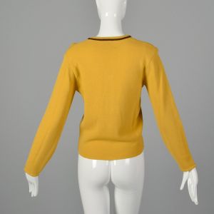 XS 1960s Jantzen Sweater Mustard Yellow Boyfriend Style V-neck with Brown Trim - Fashionconservatory.com