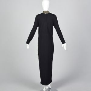 Large 1980s St John Black Knit Evening Dress Long Sleeve Gold Sequin Detail  - Fashionconservatory.com