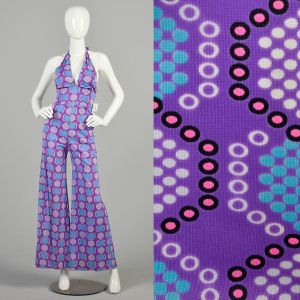 XS 1970s Purple Geometric Printed Jumpsuit Halter Palazzo Pant Wide Leg Funky Outfit