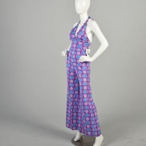XS 1970s Purple Geometric Printed Jumpsuit Halter Palazzo Pant Wide Leg Funky Outfit - Fashionconservatory.com