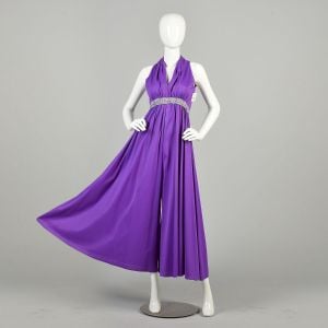  Small 1970s Jumpsuit Wide Leg Palazzo Pant Sleeveless Halter Jewel Purple Disco Outfit - Fashionconservatory.com