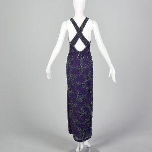 Small 1990s Dress Purple Black Beaded Sleeveless Maxi Long Halter Backless Formal Gown - Fashionconservatory.com