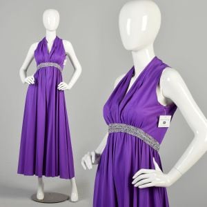  Small 1970s Jumpsuit Wide Leg Palazzo Pant Sleeveless Halter Jewel Purple Disco Outfit