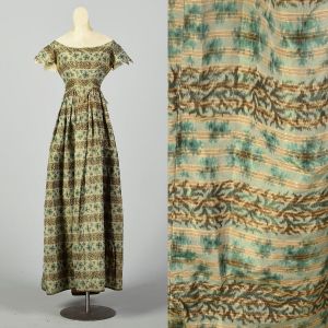 XXS 1820s Romantic Dress Antique Silk Arsenic Green For Study