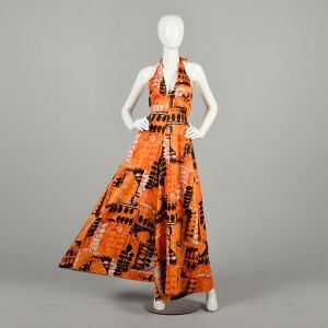 Large 1970s Jumpsuit Orange Hawaiian Halter Palazzo Pants Bold Wide Leg Backless Black Jumpsuit - Fashionconservatory.com