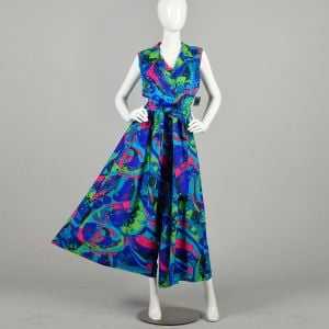 Small 1970s Jumpsuit Hawaiian Abstract Neon Palazzo Pant Belted Sleeveless Jumpsuit Collared  - Fashionconservatory.com