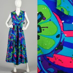 Small 1970s Jumpsuit Hawaiian Abstract Neon Palazzo Pant Belted Sleeveless Jumpsuit Collared 