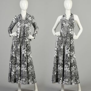 Small 1970s Jumpsuit Set Black And White Printed Palazzo Pant Jacket Top Set