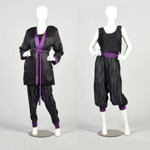 Medium/Large 1980s Purple and Black Fortuny Pleated Three Piece Harem Pants Se