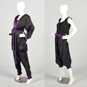 Medium/Large 1980s Purple and Black Fortuny Pleated Three Piece Harem Pants Se - Fashionconservatory.com