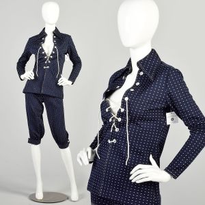 Small 1970s Navy Blue White Two Piece Tunic Capri Pants Set