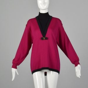 XL 1990s Ferragamo Pink Sweater Designer Turtleneck Magenta Black Ferragamo Bow