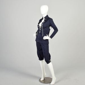 Small 1970s Navy Blue White Two Piece Tunic Capri Pants Set - Fashionconservatory.com